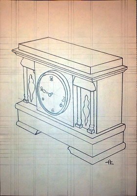 Graphite line drawing of precision mantel clock