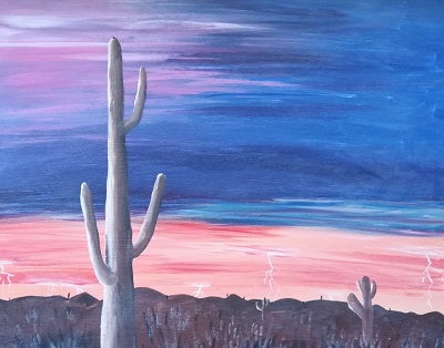 Acrylic panting of the Sonoran Desert during a thunderstorm