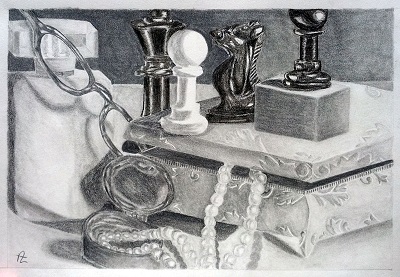 Graphite still life with pearls, chess pieces, perfume bottle and glasses